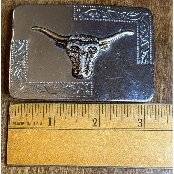 Vintage Longhorn Steer Head Western Belt Buckle Silver Tone Gold Accent - Picture 7 of 8